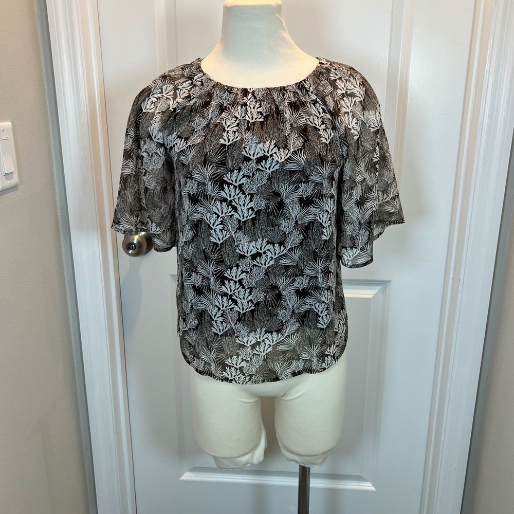 LOFT Womens‎ Blouse Botanical Coral Print Brown White XS